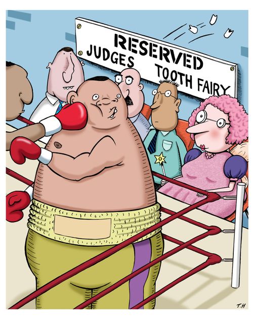 Tooth Fairy sitting with judges at boxing match.