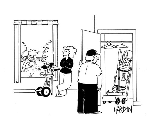 Golf clubs replaced by gardening equipment.
