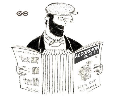 Guy reading Accordion Monthly, which has bellows in the middle.