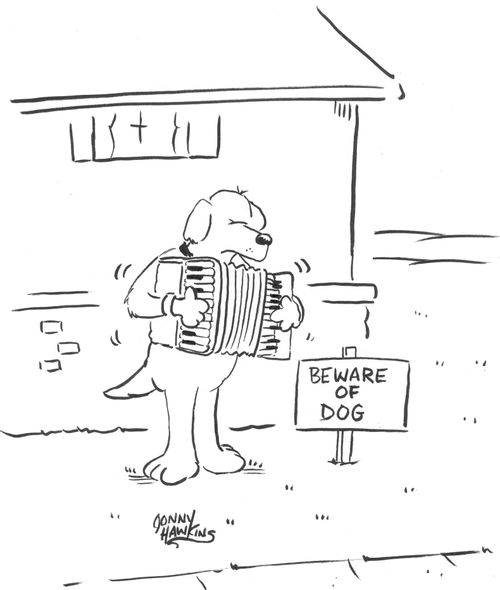 'Beware of Dog' sign next to accordion-playing canine.