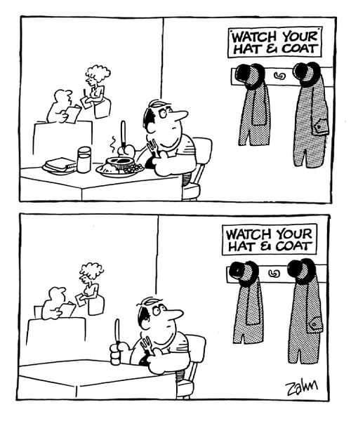 Man watches his hat and coat but fails to watch his lunch.