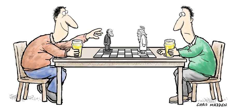 Charles Darwin and God on a chess board - science and religion