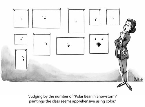 "Judging by the number of 'Polar Bear in snowstorm' paintings the class seems apprehensive using color."