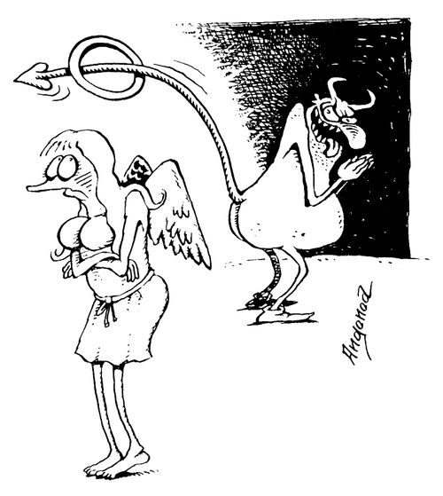 Demon sticking his tail through female angel's halo