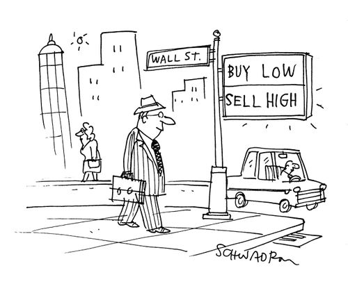 Wall street signs - 'buy low' and 'sell high'.
