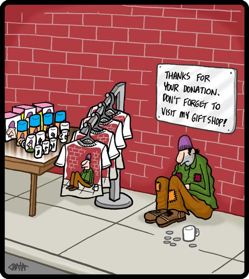 Beggar has his own gift shop.