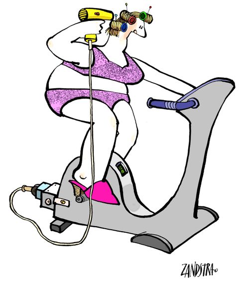 Lady drying hair whilst on exercise bike.