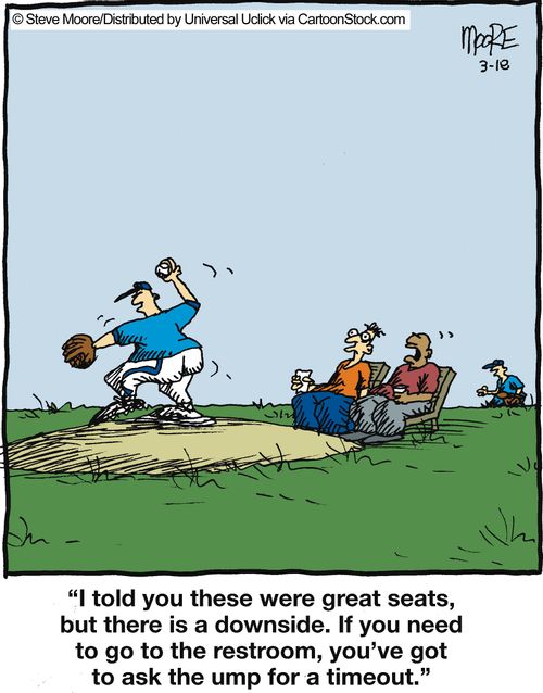 'I told you these were great seats, but there is a downside. If you need to go to the restroom...'
