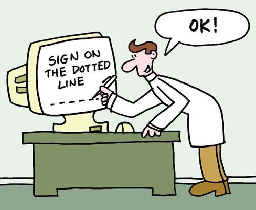 'Sign on the dotted line...' OK! (man signs computer screen).