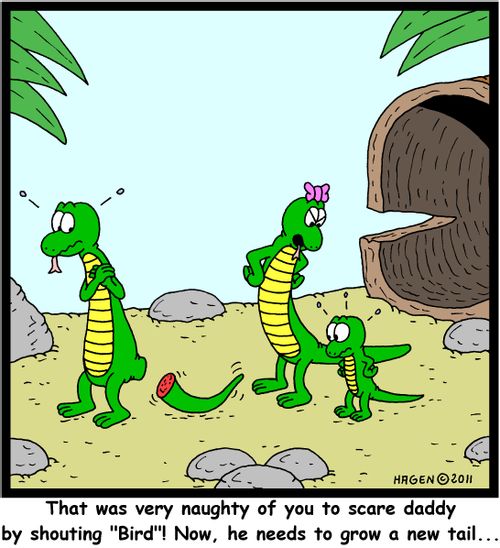 'That was very naughty of you to scare daddy by shouting 'Bird'! Now, he needs to grow a new tail...'