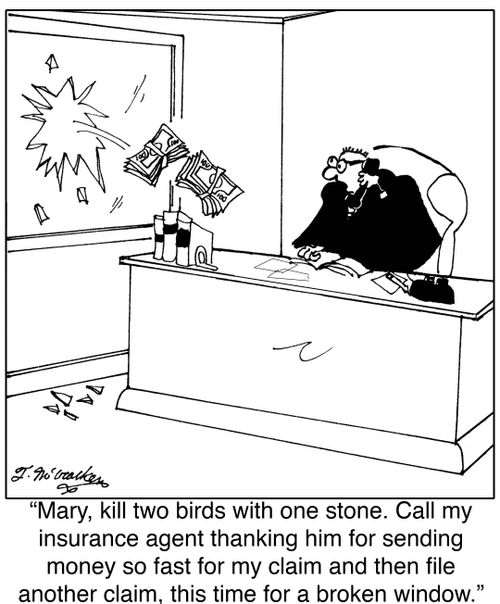 'Mary, kill two birds with one stone. Call my insurance agent thanking him for sending money so fast for my claim and then file another claim, this time for a broken window.'