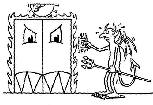 Demon at a lift in Hell.