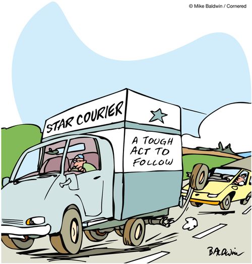 Star Courier - A Tough Act to Follow (Tyre is flying off towards car behind).