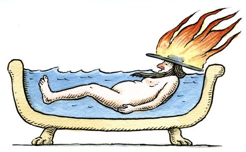 Cross section of a bath with bearded preacher whose hat is aflame.