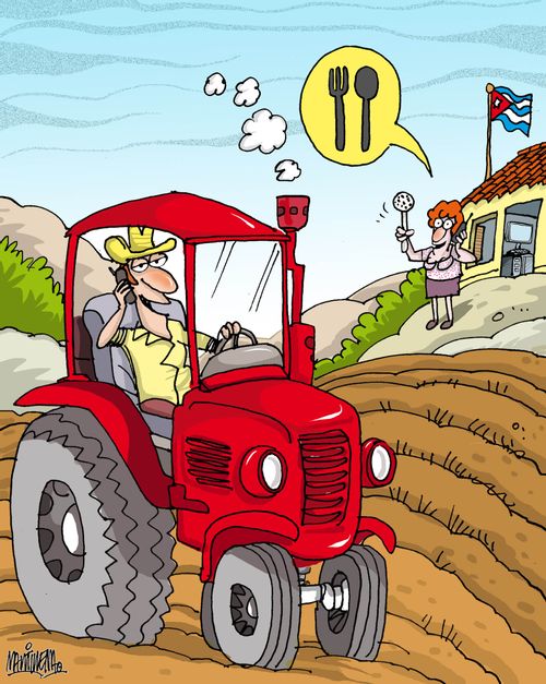Farm wife rings her husband rather than calling out to him to let him know that dinner is ready. 