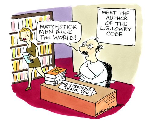Mad author of conspiracy book in straitjacket.