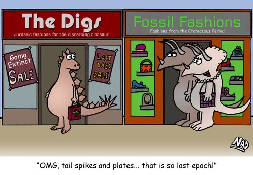 Two Triceratops see a Stegasaurus coming out of a Jurassic fashion store - 'OMG, tail spikes and plates... that is so last epoch!'