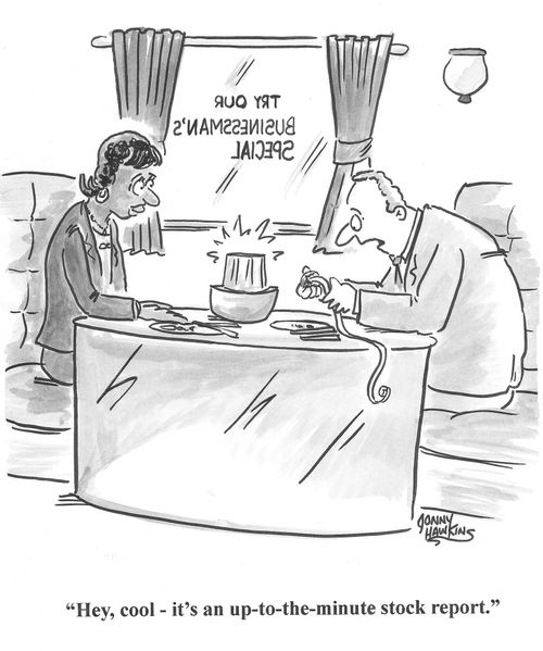 Man reading fortune cookie: 'Hey, cool - it's an up-to-the-minute stock report.'
