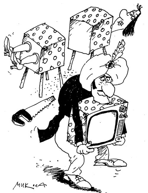 Man sawing a woman in half and removing a television