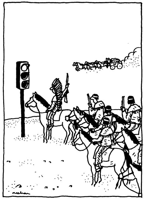 Indians waiting at traffic lights to attack stagecoach.