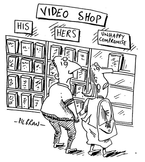 Video Shop, "His, hers, unhappy compromise."