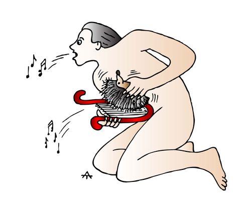 Man playing lyre with a hedgehog.