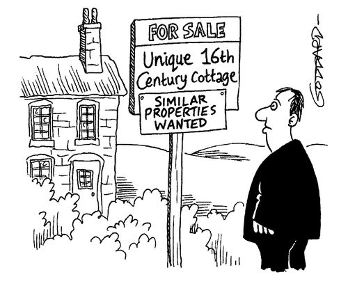 For sale sign: 'Unique 16th Century cottage. Similar properties wanted.'