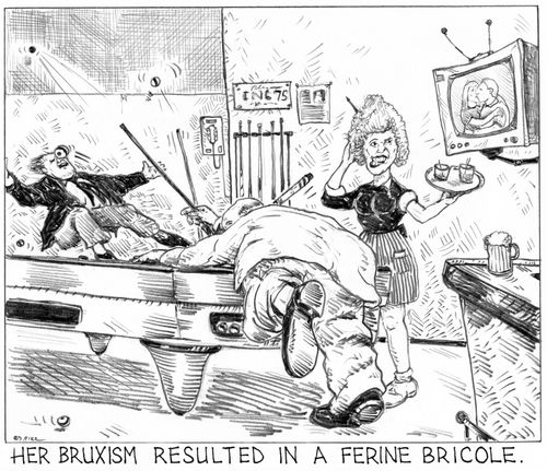 'Her bruxism resulted in a ferine bricole.'