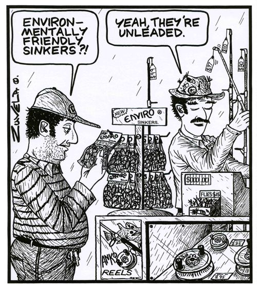'Environmentally friendly sinkers?!'   'Yeah, they're unleaded.'