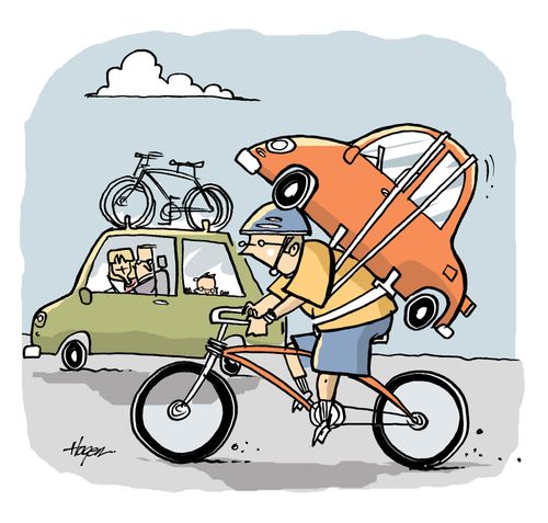 Car carrying bikes, biker carrying car.