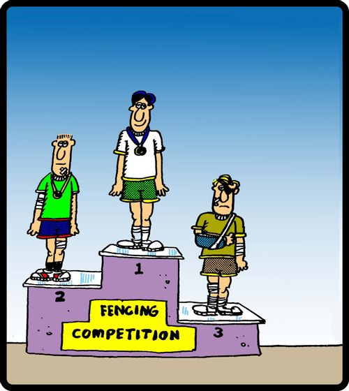 The winners podium at a fencing competition.