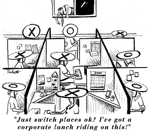 A manager yells through a window at a couple of employees 'Just switch places ok? I've got a corporate lunch riding on this!' 