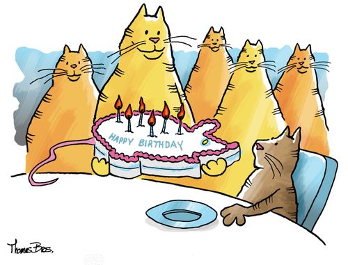 Cats celebrating birthday, cake is shaped like mouse