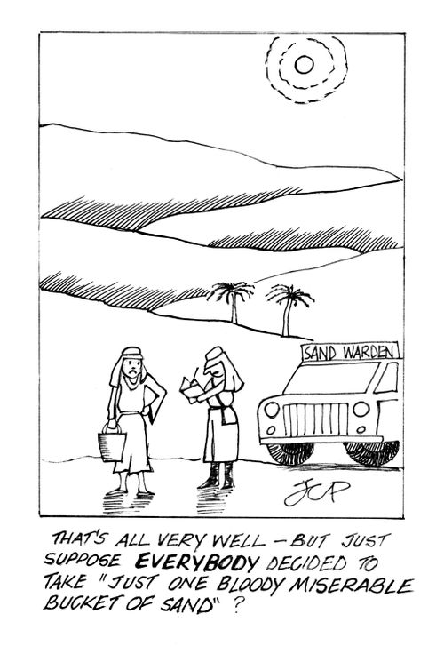'That's all very well - but just suppose everybody decided to take 'just one bloody miserable bucket of sand'?'