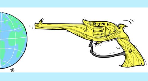 A Trump caricature as a gun pointed at Earth.