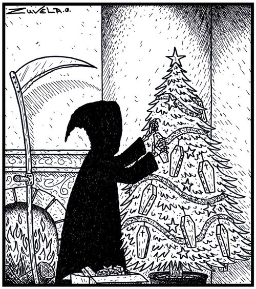 The Grim Reaper decorating his Christmas tree with Coffins