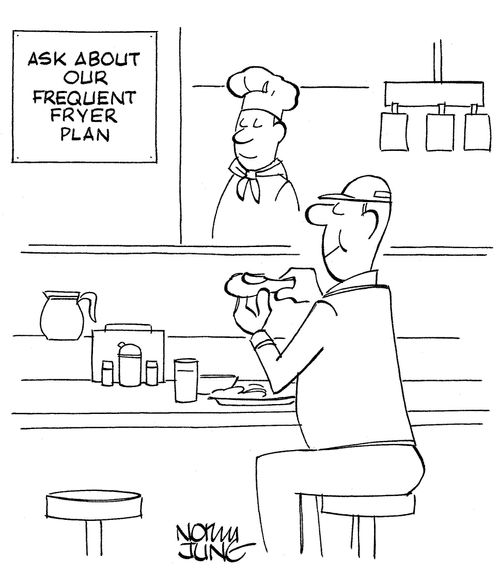 Diner has sign: Ask about our frequent fryer plan.
