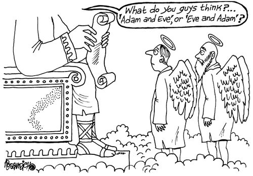 'What do you guys think?  Adam and Eve, or Eve and Adam?'