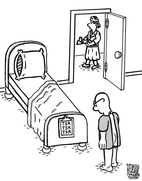 Man in Hospital sees that his chart reads: 'Tsk, tsk, tsk'.