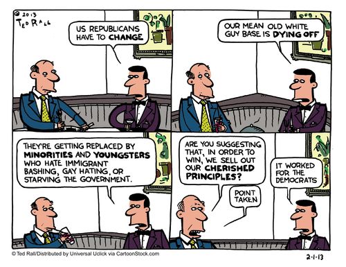 'Us Republicans have to change...Our mean old white guy base is dying off...they're getting replaced by minorities and youngsters who hate immigrant bashing, gay hating, or starving the government...'