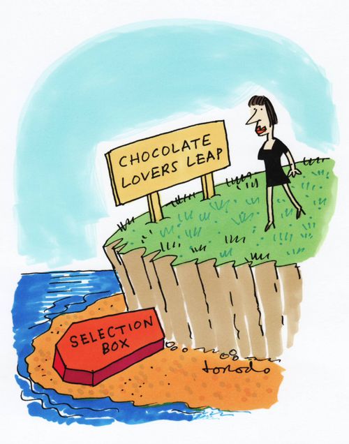 Woman at Chocolate Lovers Leap, with coffin-shaped selection box at foot of cliff,