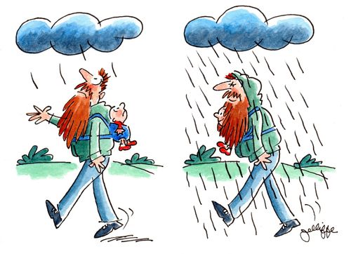 Bearded man with baby sheltered under his beard.