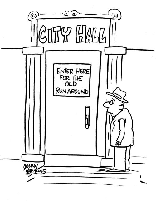 Town Hall sign says 'Enter Here for the Old Run Around.'