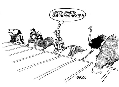 Cheetah in at the start of a race, thinking: 'Why do I have to keep proving myself?'