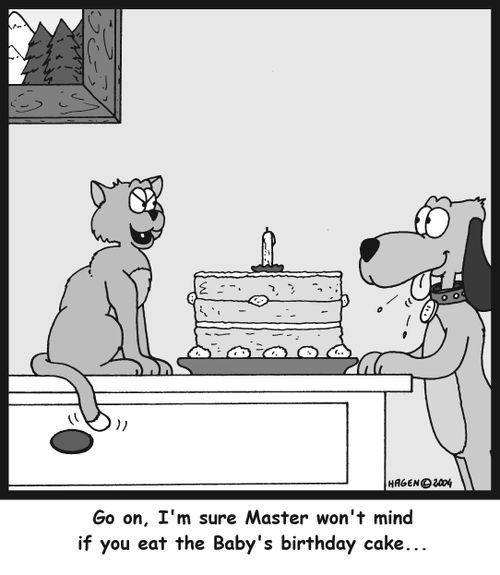'Go on, I'm sure Master won't mind if you eat the Baby's birthday cake...'