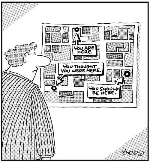 Location sign: You are Here. You thought you were here. You should be here.