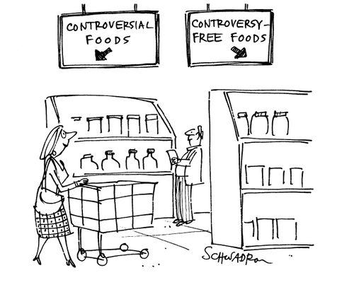 Supermarket aisles; controversial foods  controversy-free foods.