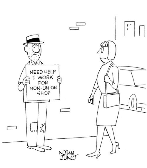 Panhandler with sign, 'Need help. I work for non-union shop.'