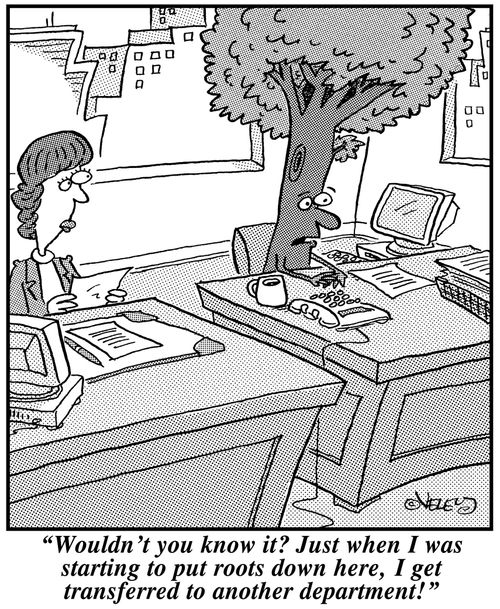 'Wouldn't you know it? Just when I was starting to put roots down here, I get transferred to another department!'