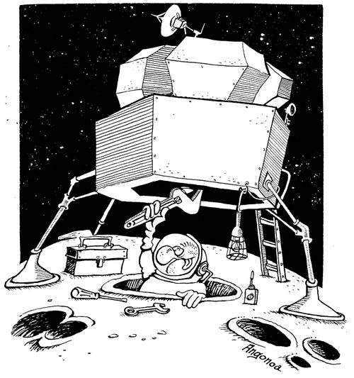 Spaceman uses crater to sit in to work on the underneath of ship